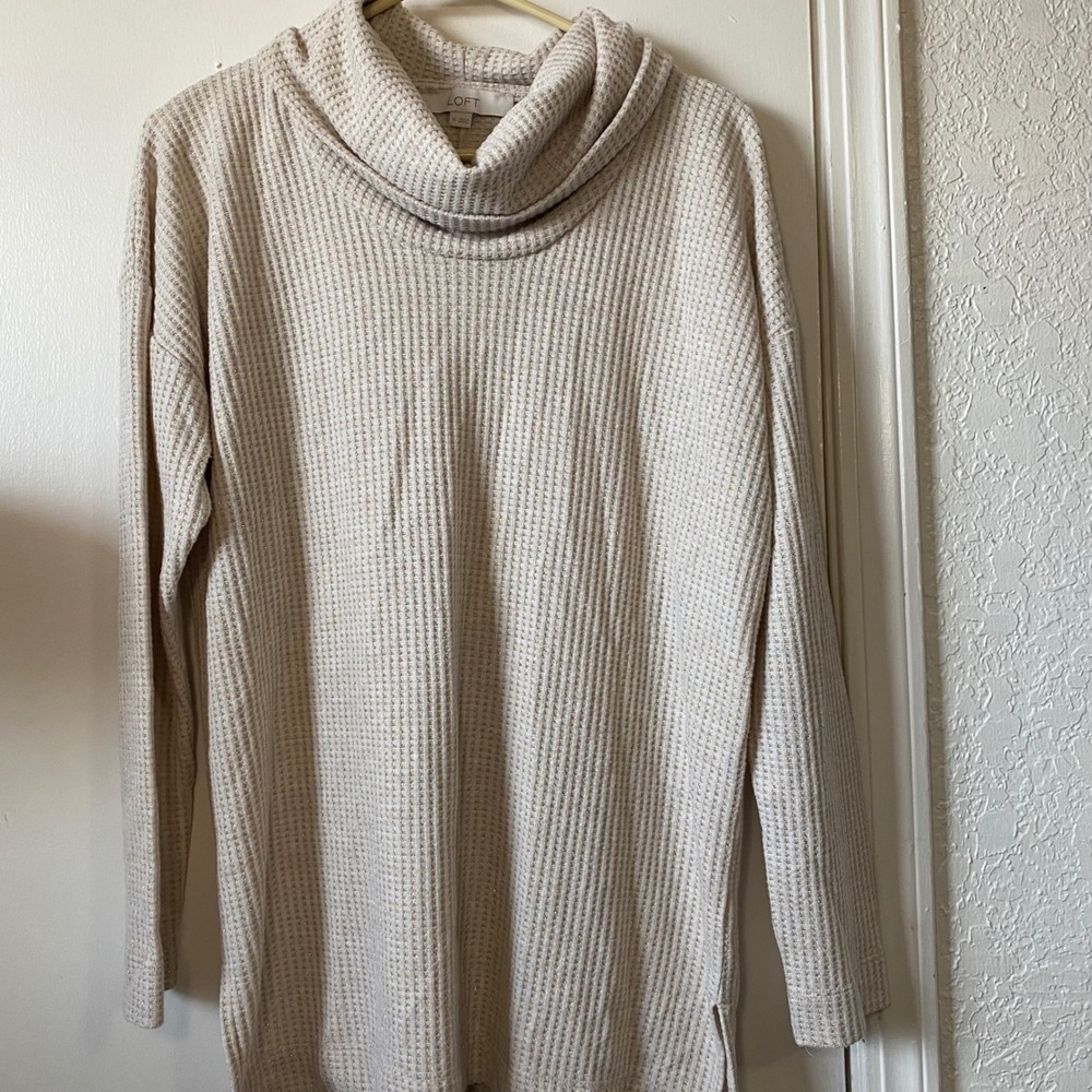 LOFT Womens Medium Beige Gold Metallic Waffle Knit Cowl Neck Tunic Top Comfy